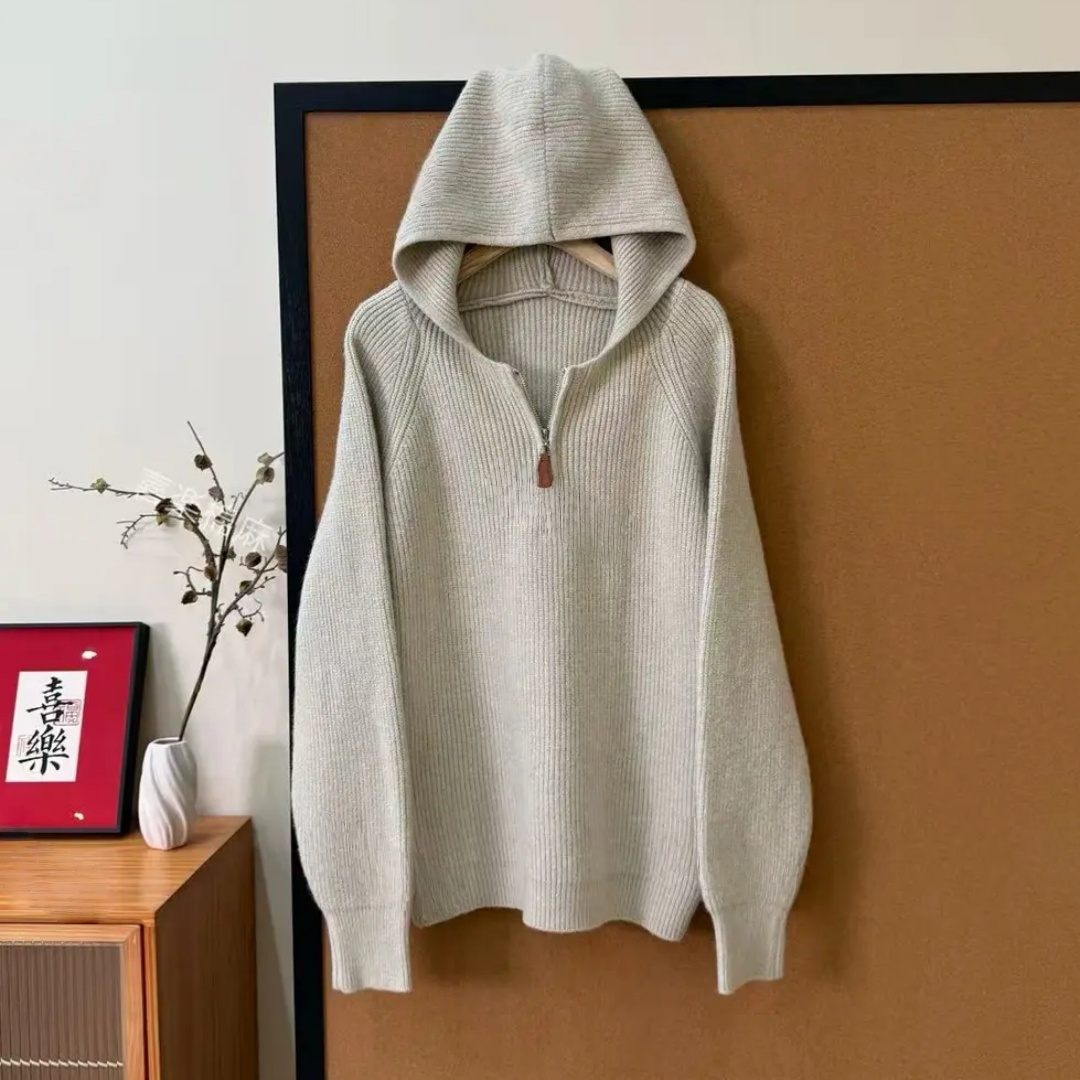 2025抗起球纯色连帽半拉链套头针织衫冬季新款时尚百搭休闲毛衣