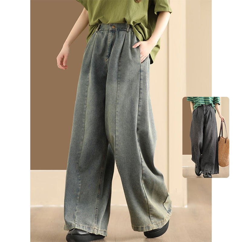 春秋季新款炒色牛仔裤女半松紧腰阔腿裤立体拼接个性休闲直筒长裤,女装/女士精品,牛仔裤,淘宝优惠券,粉丝福利购,淘宝优惠卷