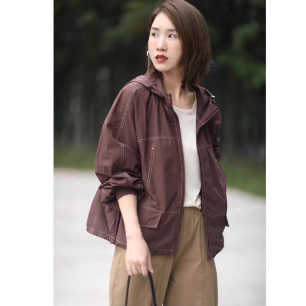 休闲宽松拼接薄款双层连帽外套女2024秋季百搭防风时尚夹克冲锋衣