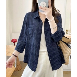 薄透气款夏季泡泡棉爆款格子长袖衬衫女春秋宽松衬衣通勤外搭防晒