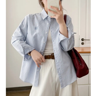 【纯棉 牛津纺 成衣水洗】短款条纹长袖春秋衬衫韩版百搭显瘦女装