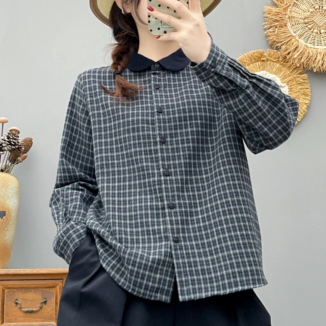 磨毛宽松格子拼接领长袖衬衫女2026春秋冬新款百搭上衣拼色衬衣