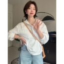 全棉连帽衬衫女2026春装新款百搭显瘦长袖宽松休闲简约纯色衬衣