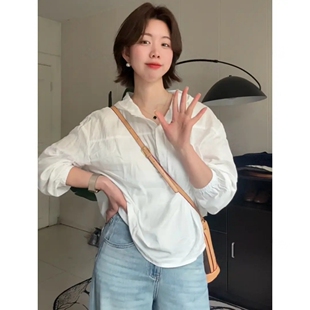 全棉连帽衬衫 新款 百搭显瘦长袖 宽松休闲简约纯色衬衣 女2026春装