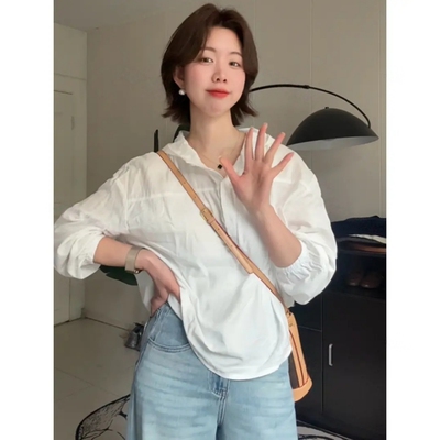全棉连帽衬衫女2026春装新款百搭显瘦长袖宽松休闲简约纯色衬衣
