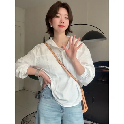全棉连帽衬衫女2026春装新款百搭显瘦长袖宽松休闲简约纯色衬衣
