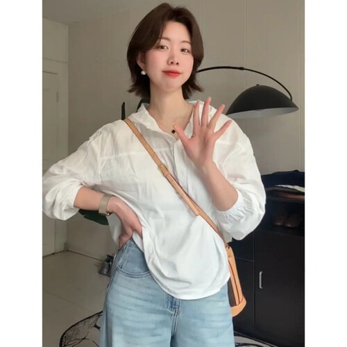 全棉连帽衬衫女2026春装新款百搭显瘦长袖宽松休闲简约纯色衬衣