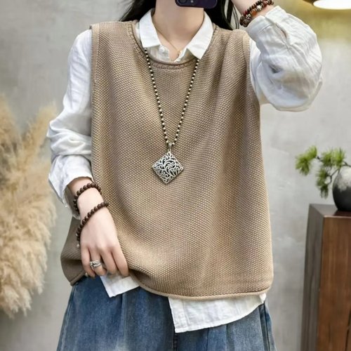 2025秋季新款圆领套头棉线针织马甲女休闲百搭叠穿外搭上衣