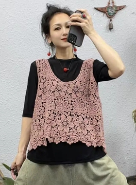 8005棉线镂空钩花花朵形状套头背心马甲2026春夏新款