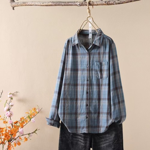 全棉色织格纹衬衫文艺休闲百搭上衣女2025春秋季新款长袖衬衣