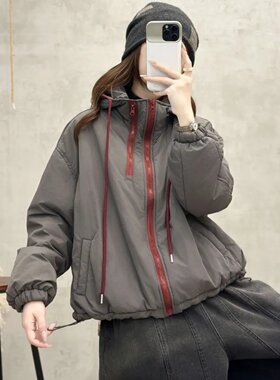 2025连帽双拉链拼色夹棉棉服外套早冬季新款时尚百搭简约女