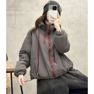 百搭简约女 时尚 2025连帽双拉链拼色夹棉棉服外套早冬季 新款