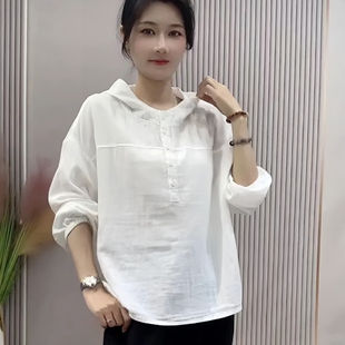 春秋休闲文艺连帽双层棉纱宽松休闲百搭时尚纯色长袖衬衫女新款