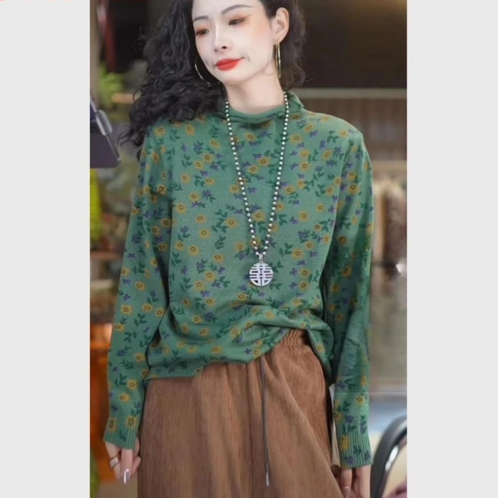 【9030】2025春秋新款时尚洋气百搭气质堆堆领碎花套头衫女