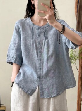 2026夏季新款亚麻衬衫文艺复古风女士圆领七分袖宽松百搭衬衣
