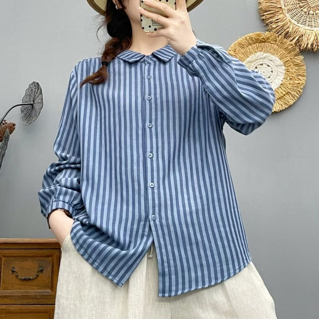 纯棉双层纱条纹长袖衬衫女宽松百搭休闲显瘦设计感C春秋竖条衬衣,女装/女士精品,衬衫,淘宝优惠券,粉丝福利购,淘宝优惠卷