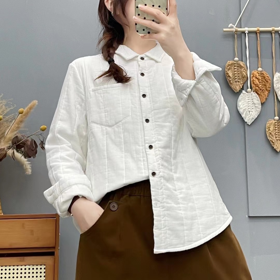 棉纱衍缝夹棉长袖衬衫女2025秋冬保暖棉质衬衣打底衫厚外套小棉衣