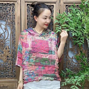 新款苎麻印花连帽T恤衫七分袖轻薄透气f复古时尚减龄百搭女夏季