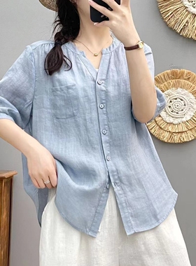 100苎麻2026夏季新款V领中袖衬衫文艺气质纯色衬衣百搭上衣女