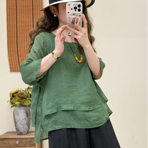 双层苎麻套头衬衫女休闲百搭盘扣假两件纯色上衣2026夏季新款