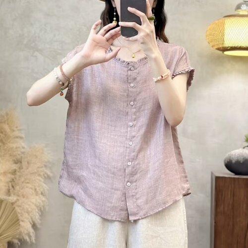 斜纹苎麻木耳边拼接纯色衬衫2026夏季新款时尚文艺休闲简约坎肩