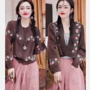 原创2026春秋新款 气质圆领宽松刺绣设计感长袖 棉线针织开衫 时尚