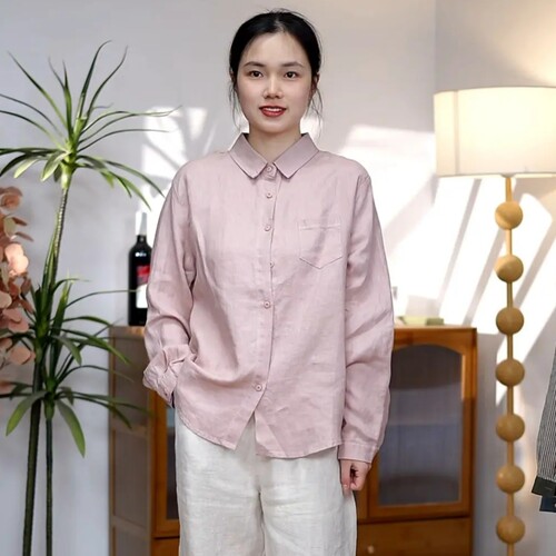 2026春秋100亚麻新款文艺休闲复古宽松百搭亚麻长袖衬衫女7133