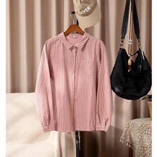 新款 女2024秋季 宽松显瘦条纹上衣5486 磨毛衬衫 文艺休闲条纹长袖