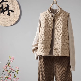 复古立领盘扣白鸭绒轻薄羽绒服女2025秋冬新款无袖马甲坎肩外套