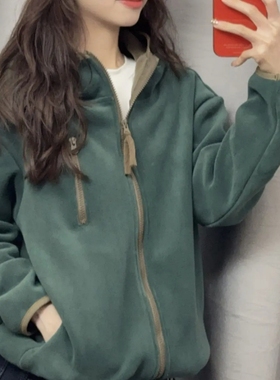 7902太谷休闲时尚简约百搭连帽拉链宽松撞色加绒卫衣开衫秋冬