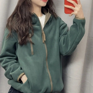 7902太谷休闲时尚简约百搭连帽拉链宽松撞色加绒卫衣开衫秋冬