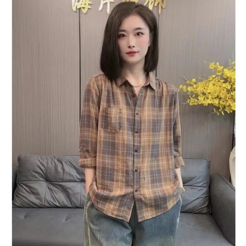85136女士秋款格子条纹衬衫复古休闲时尚格纹宽松韩版长袖衬衣