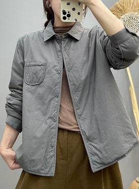 宽松文艺单排扣长袖夹棉衬衫棉服