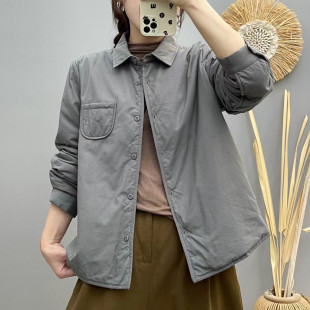 2024秋冬新款 女士文艺复古风加厚衬衣 夹棉纯色婴儿棉百搭棉衬衫