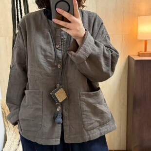 夹棉外套2025新款休闲复古文艺风亚麻面料手工绣线棉服保暖上衣