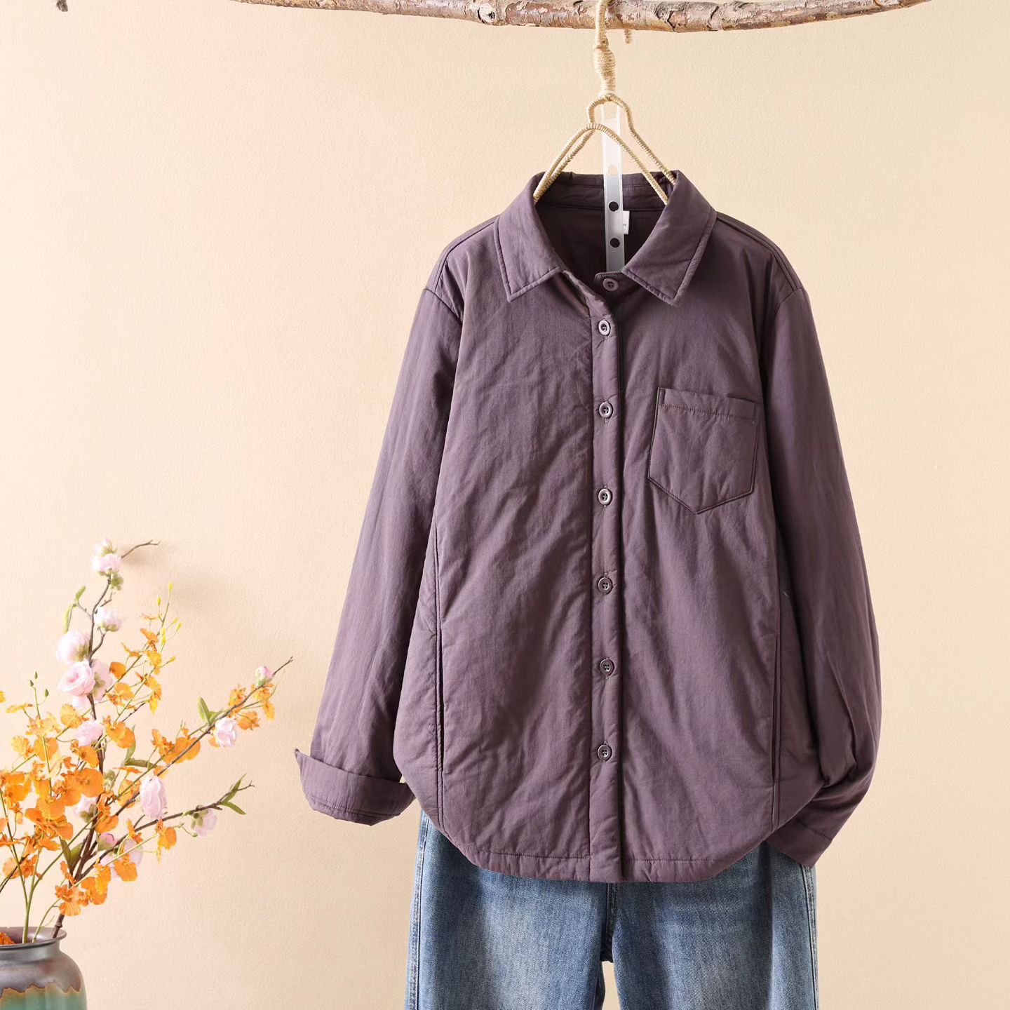 双插兜简约大气方领尖领夹棉衬衣外套女2025秋冬新款衬衫宽松棉服