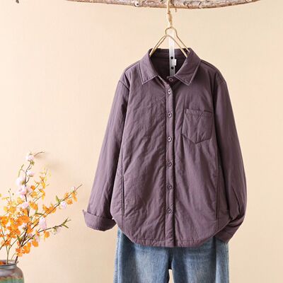 双插兜简约大气方领尖领夹棉衬衣外套女2025秋冬新款衬衫宽松棉服