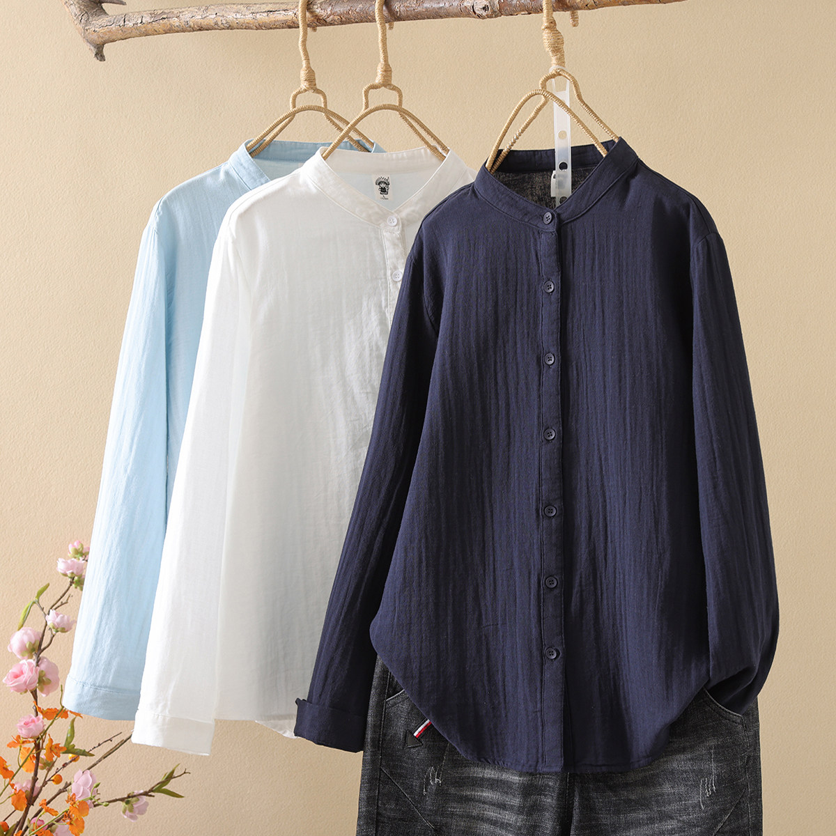 文艺小清新宽松秋季基础款立领双层棉纱宽松白衬衫女长袖打底衫潮,女装/女士精品,衬衫,淘宝优惠券,粉丝福利购,淘宝优惠卷