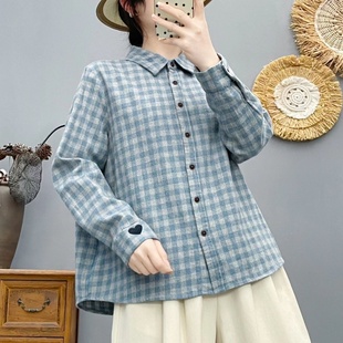2025磨毛棉翻领色织格纹衬衫秋冬季新款时尚简约百搭休闲女士