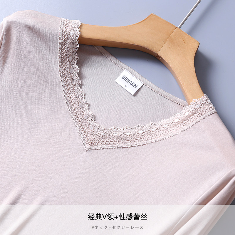 HIGH-END MULBERRY SILK WOMENS SILK KNITTED LACE V-NECK THERMAL UNDERWEAR SET BOTTOMING LONG JOHNS