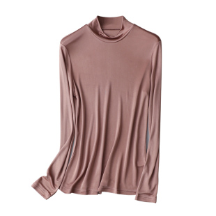 修身 真丝半高领打底长袖 上衣内搭外穿T恤 女 桑蚕丝纯色双面针织衫