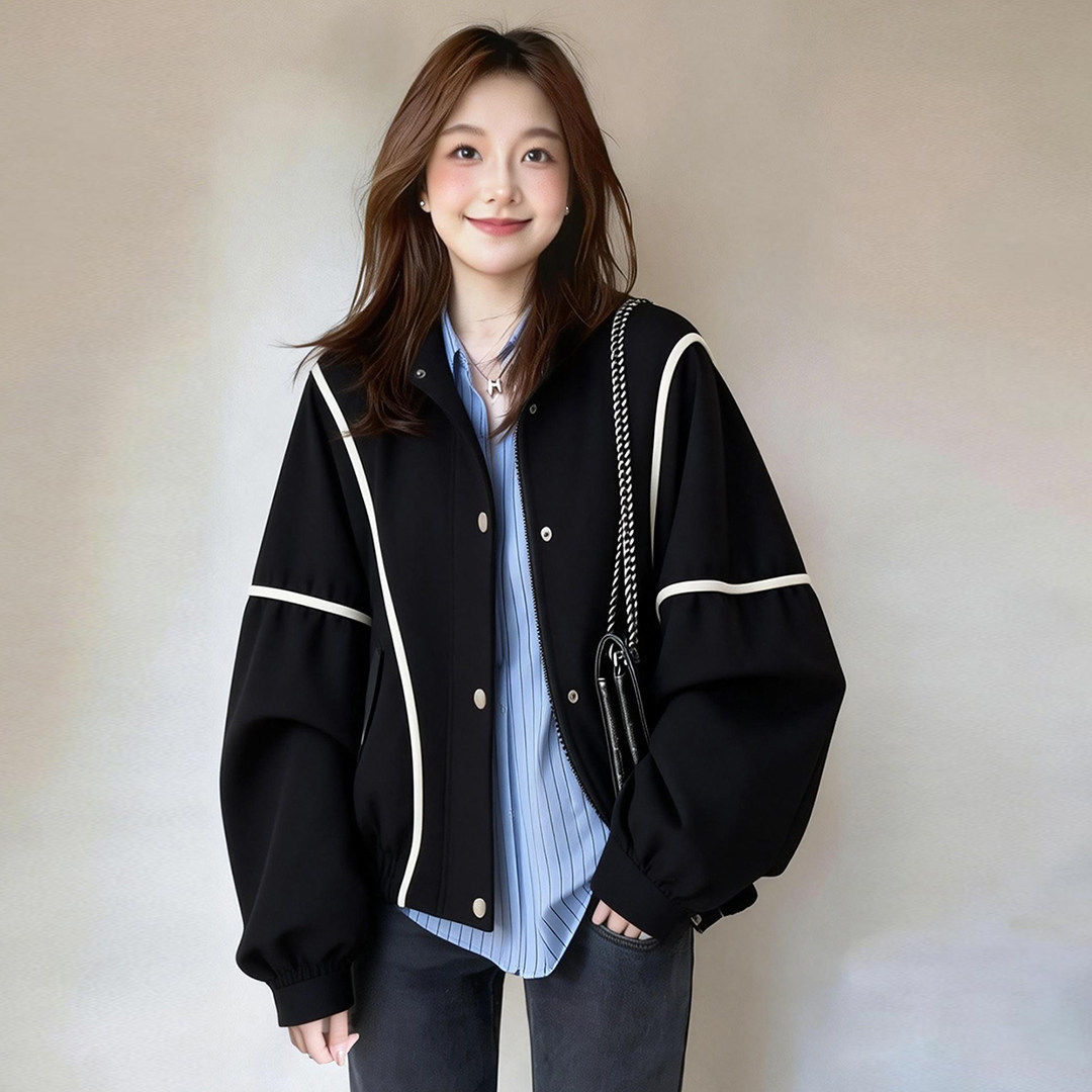 黑色美式复古棒球服外套女春2026新款设计感宽松休闲短款夹克上衣