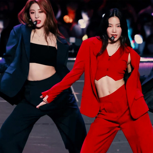 韩国女团直播团播演出歌手年会酒会时尚宽松大红色西服套装405251
