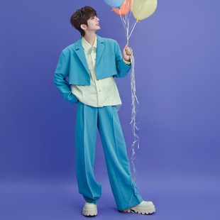 新年年会生日会歌手直播团播演出艺考宽松蓝色短小西服套装 1092