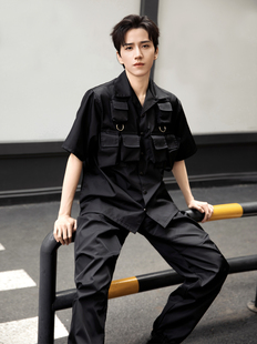 明星同款潮牌发型师美发造型男女演出时尚多口袋黑色半袖衬衫2015