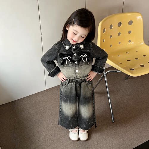 牛仔外套蝴蝶结装饰阔腿裤两件套