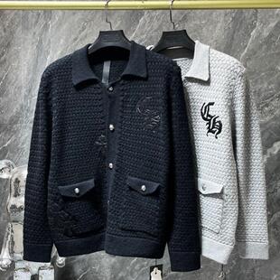 24潮牌CH风格贴皮十字架华夫格针织衫冬季设计感毛衣开衫男女同款