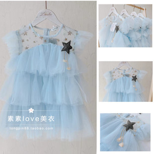 仙仙的~韩单 三件包邮 110-160女中大童星星柔软纱纱飞袖上衣裙衫