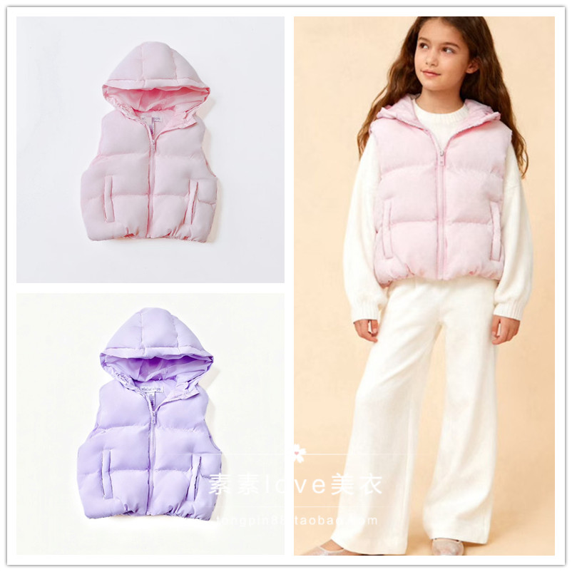 甜甜的~三件包邮 出口秋冬女中小童110-120  厚实保暖棉连帽马甲