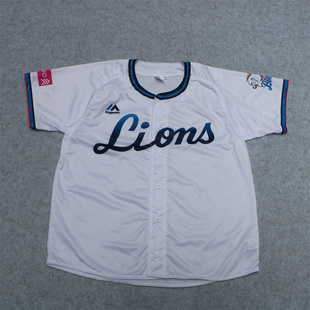 出口日单Lions队白色棒球服男夏季 上衣T恤 速干宽松运动球衣短袖